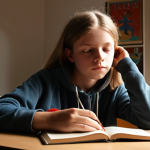 **Self-Knowledge & Inner Compass:** A contemplative Dutch high school student (teenager, *tiener*) sitting amidst school books on a desk in a typically Dutch study room, illuminated by soft, natural light. A subtle, ethereal glow emanates from their chest, representing an inner compass or burgeoning self-knowledge, guiding them through uncertainty. The atmosphere is quiet and reflective, hinting at personal discovery amidst academic pressure.