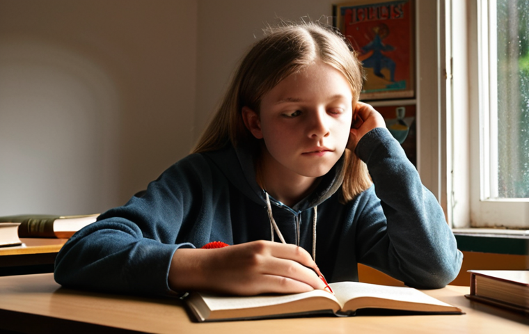 **Self-Knowledge & Inner Compass:** A contemplative Dutch high school student (teenager, *tiener*) sitting amidst school books on a desk in a typically Dutch study room, illuminated by soft, natural light. A subtle, ethereal glow emanates from their chest, representing an inner compass or burgeoning self-knowledge, guiding them through uncertainty. The atmosphere is quiet and reflective, hinting at personal discovery amidst academic pressure.